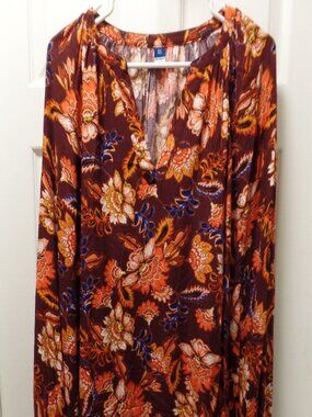 EUC Old Navy XXL Tall 18 Autumnal Multi Floral V Neck Poet Blouse Rust Red Blue